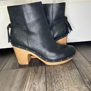 Kork-Ease Black Leather Platform Ankle Boots Wooden Heel Boho Size 11